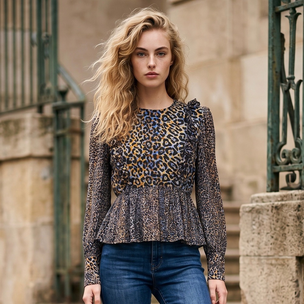 Blank London Leopard Print Peplum Blouse Blue Gold Ruffle Long Sleeve Medium